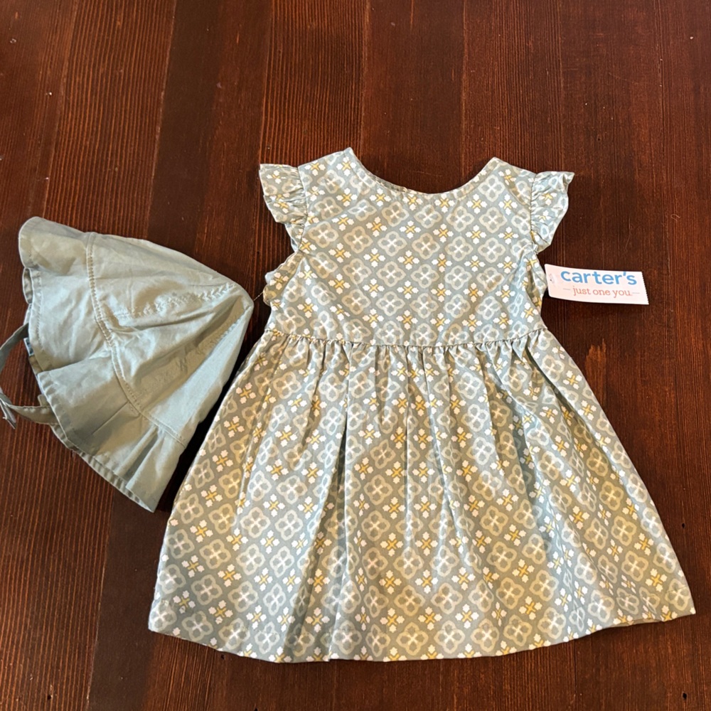 Carters Baby Dress with Hat in Green and White